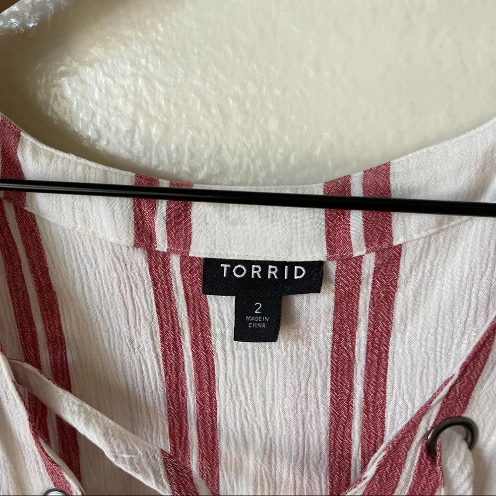 Torrid | Striped Gauze Lace Up Dolman Blouse - Picture 3 of 6